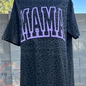 Lavender MAMA puff print on large leopard print shirt